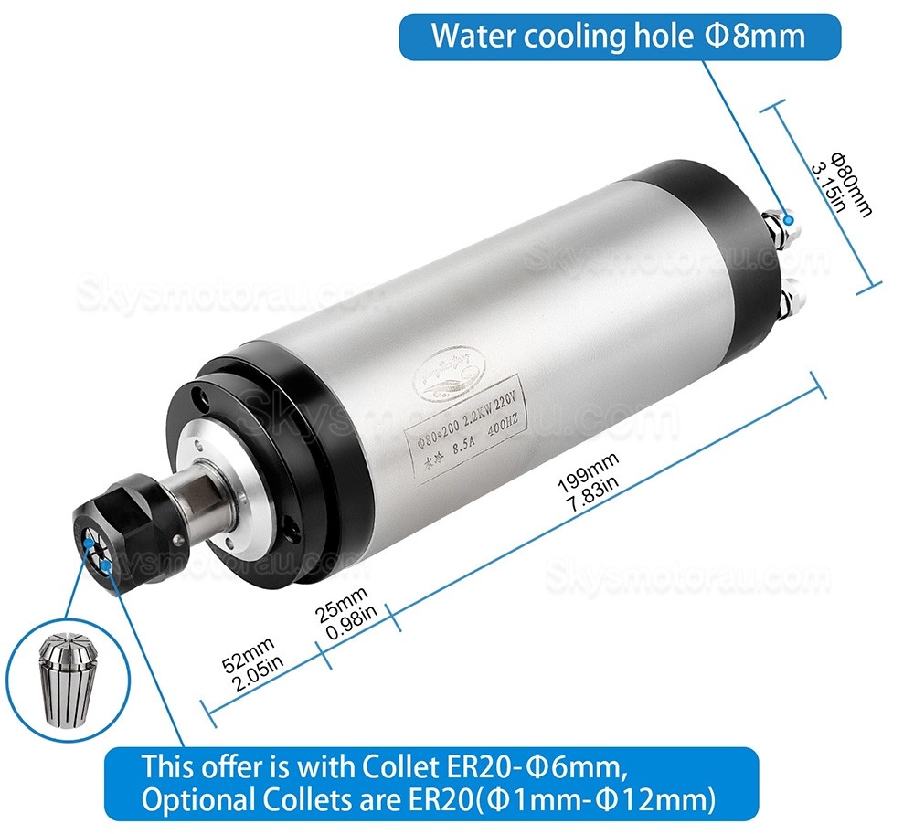 2.2KW VFD Spindle Kit Huajiang-2.2+H100-2.2C2/S2/T4 Indc. Water Cooled Spindle Motor + VFD + Water Pump + 13Pcs ER20 Collet + Bracket